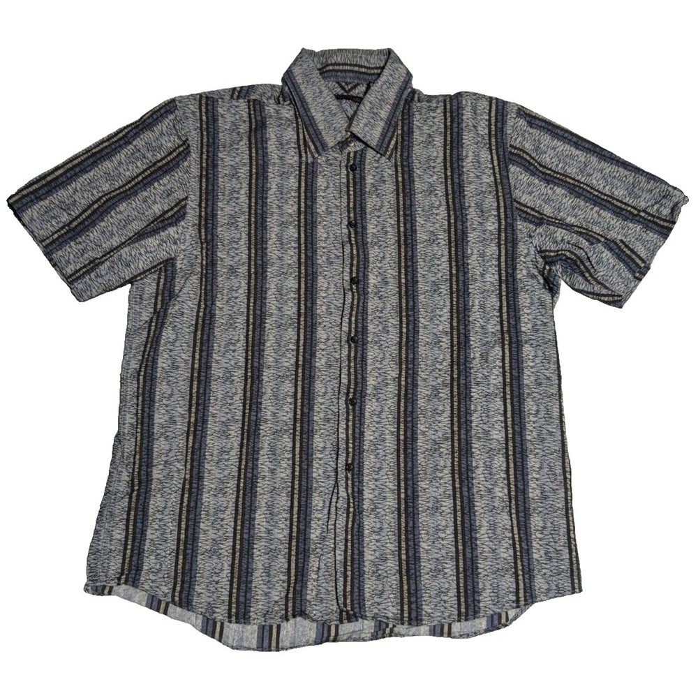 KENNETH COLE NEW‎ YORK Men Size 2XL Black Gray Blue Striped Cotton Shirt